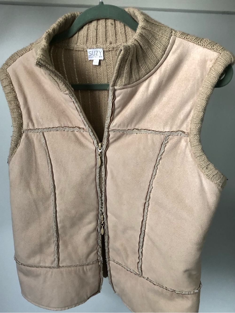 Y2K 90s Suzy Shier Beige Suede & Knit Double Zip-Up Vest Size XL